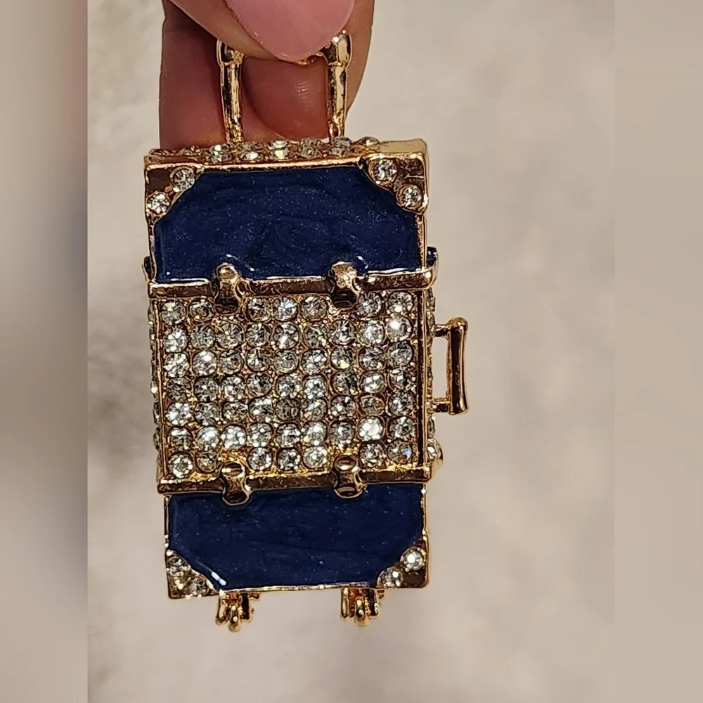 Blue and Gold Luggage Keychain with Rhinestones Bqg Charm